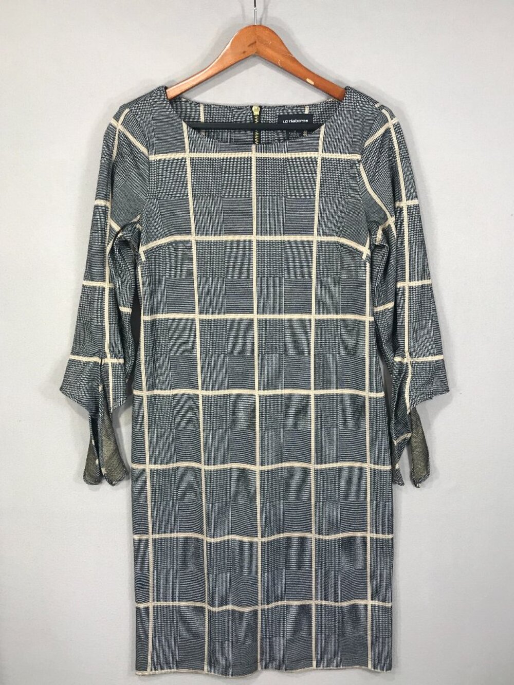 Liz Claiborne Dress Women’s 6 Black Brown Check Pullover Midi Zip 3/4 Tie Sleeve